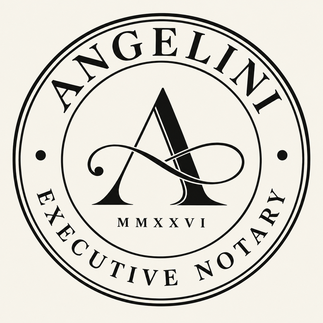Angelini Executive Notary circular emblem with a sweeping A monogram and MMXXVI